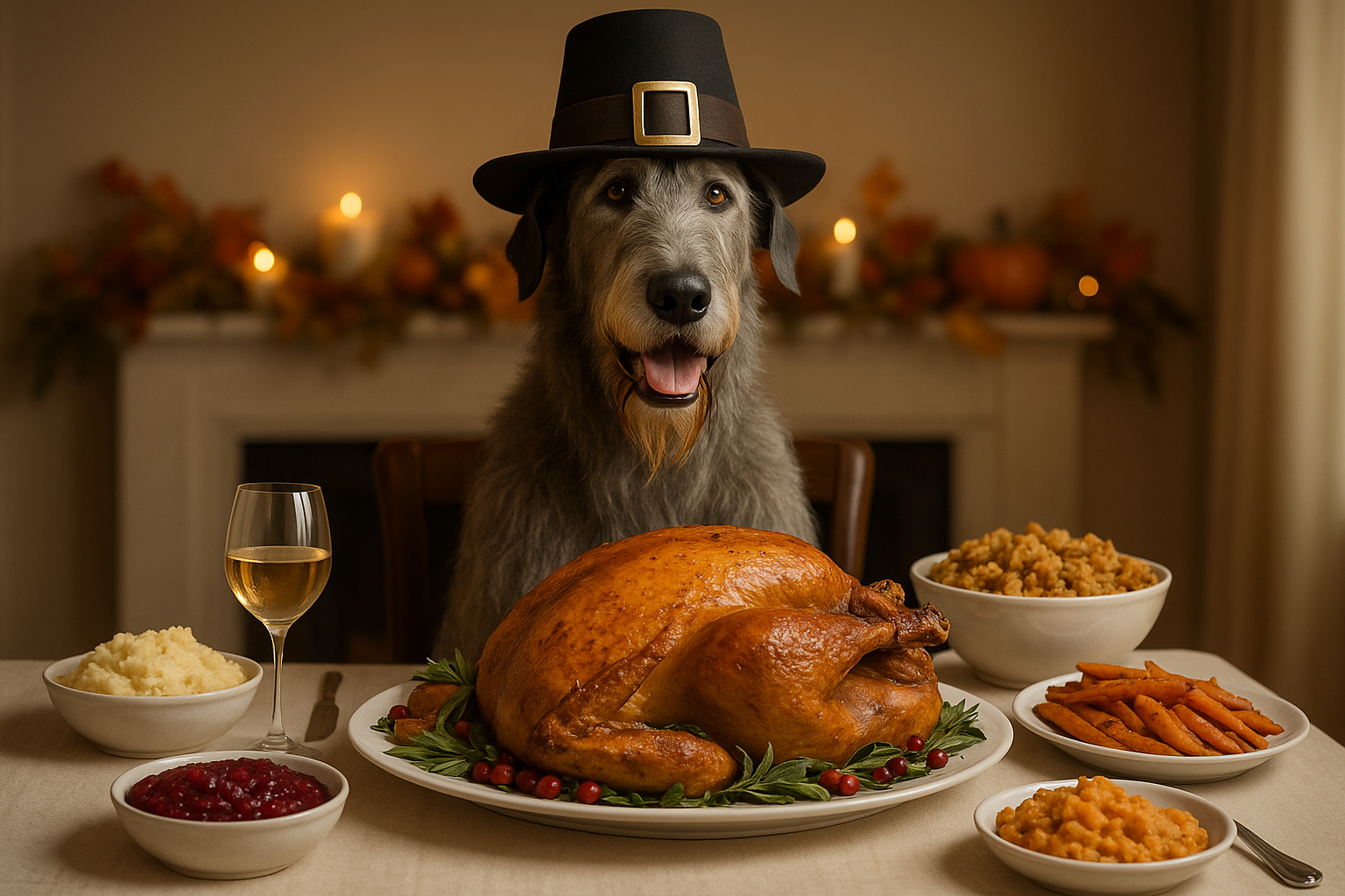 The dog in the attached photo, larger than a great dan dog, sitting at a fully decorated Thanksgiving dinner with a large Turkey, mashed potatoes and other traditional food on the table with a full white wine glass, wearing a pilgrim style hat, photo realistic.