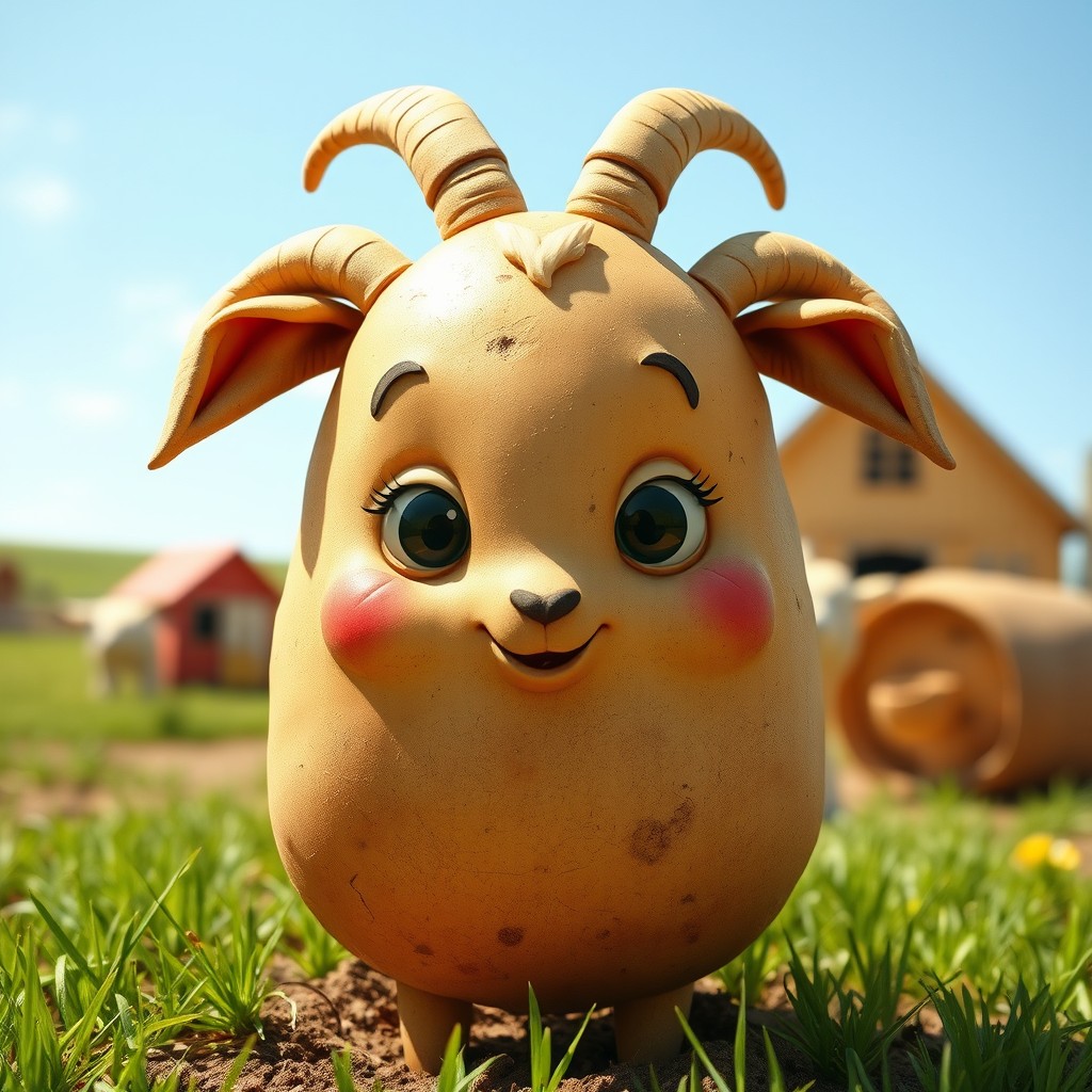 A whimsical potato that has the features of a goat, complete with expressive eyes, goat-like ears, and small horns, all while maintaining the potato's natural, rustic texture and brown skin