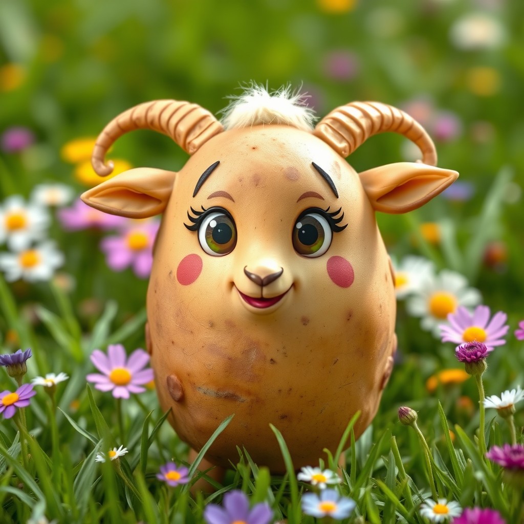 A charming potato designed to resemble a goat, featuring expressive, cartoonish eyes, perky goat ears, and tiny curling horns, all while showcasing the potato’s earthy brown skin and bumpy texture