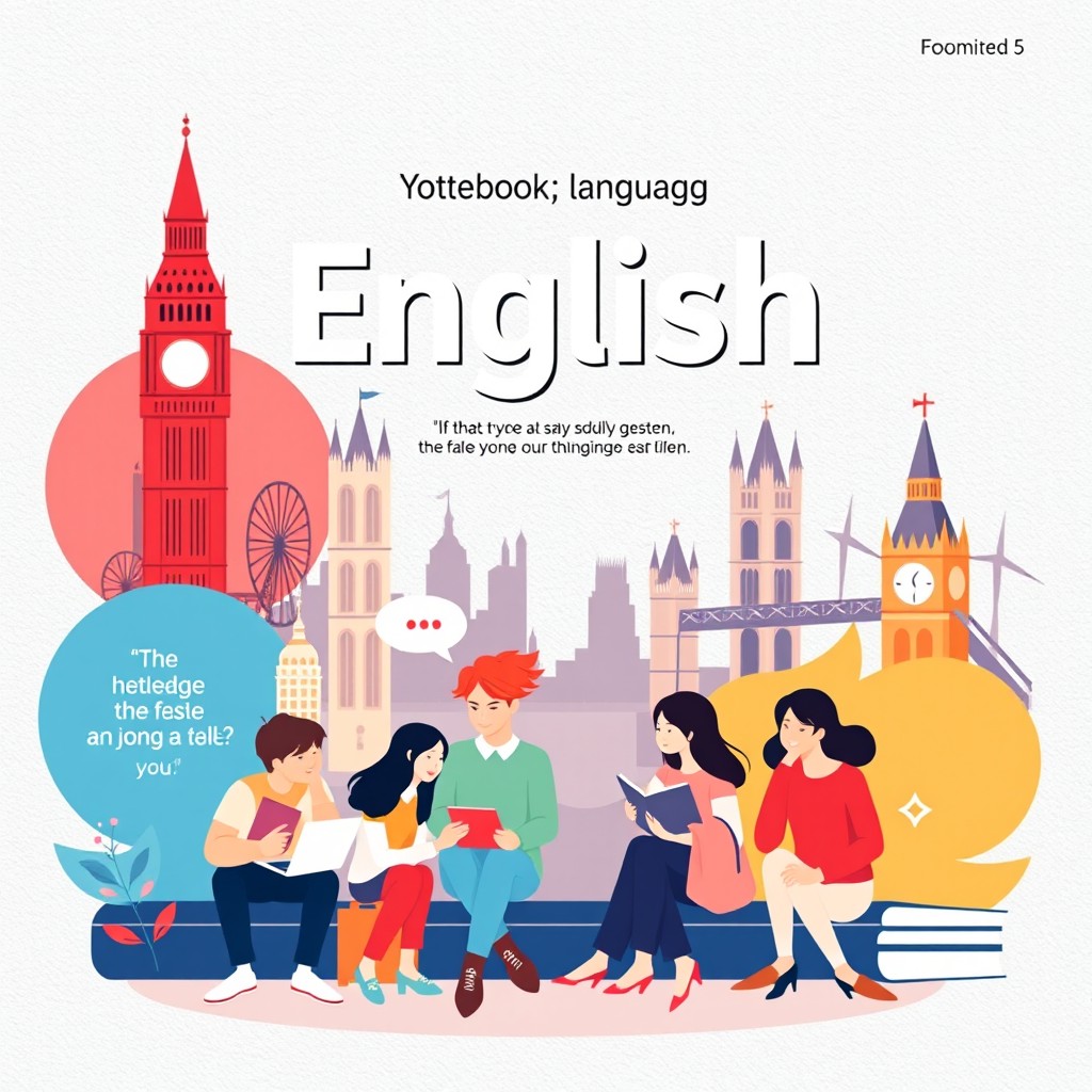 A stunning front page design for an English language textbook, featuring a modern and engaging layout