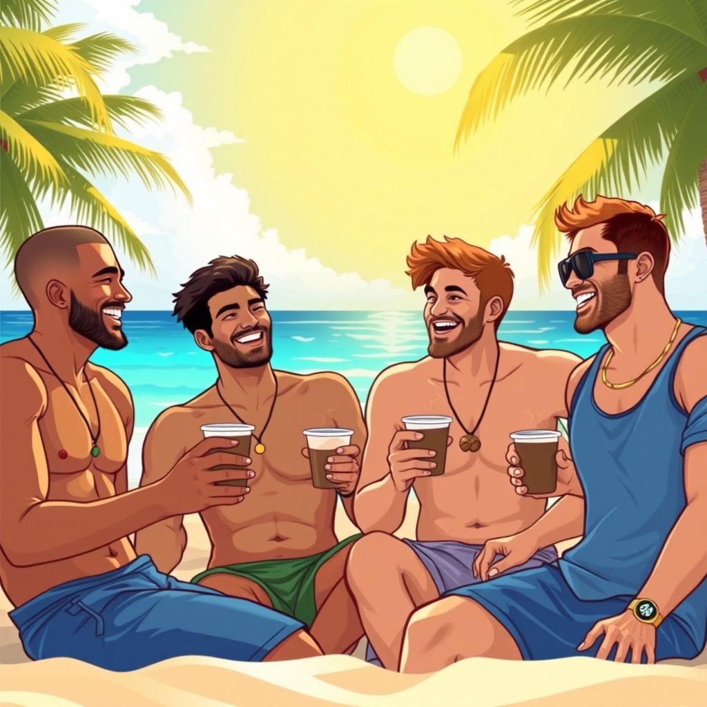 A vibrant illustration of four male friends enjoying a sunny day on a beautiful beach in the Dominican Republic