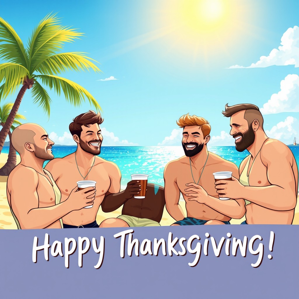 A beautiful illustration of four male friends enjoying a sunny day on a picturesque beach in the Dominican Republic