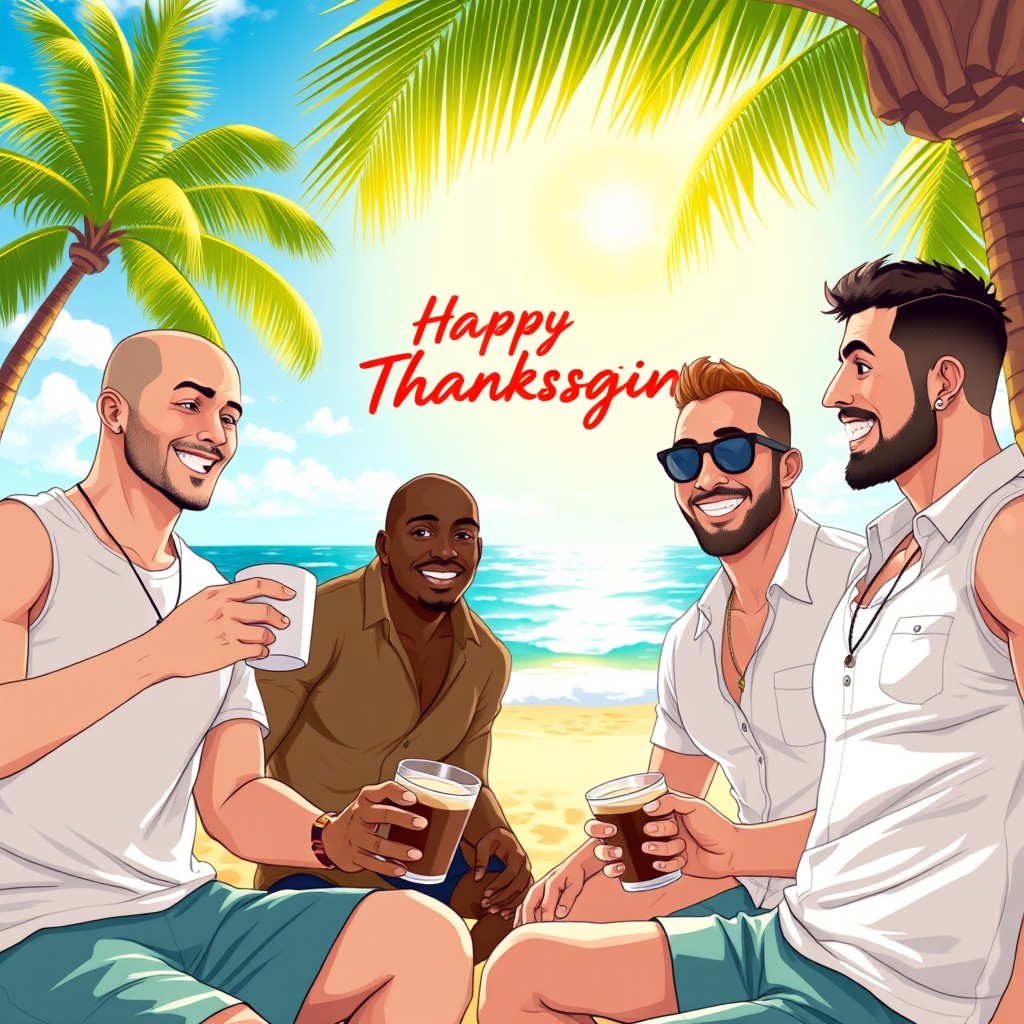 A beautiful illustration of four male friends on a sunny beach in the Dominican Republic, all enjoying the day together
