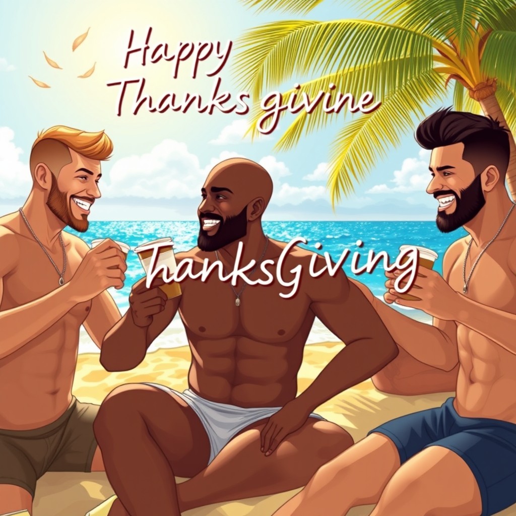 A beautiful illustration of four male friends on a sunny beach in the Dominican Republic, enjoying a vibrant day together