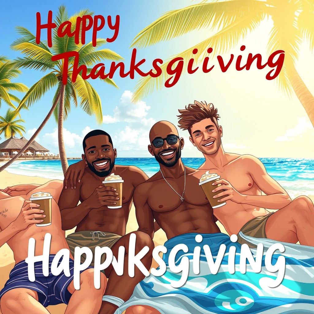 A beautiful illustration of four male friends on a sunny beach in the Dominican Republic, enjoying the warmth of the day