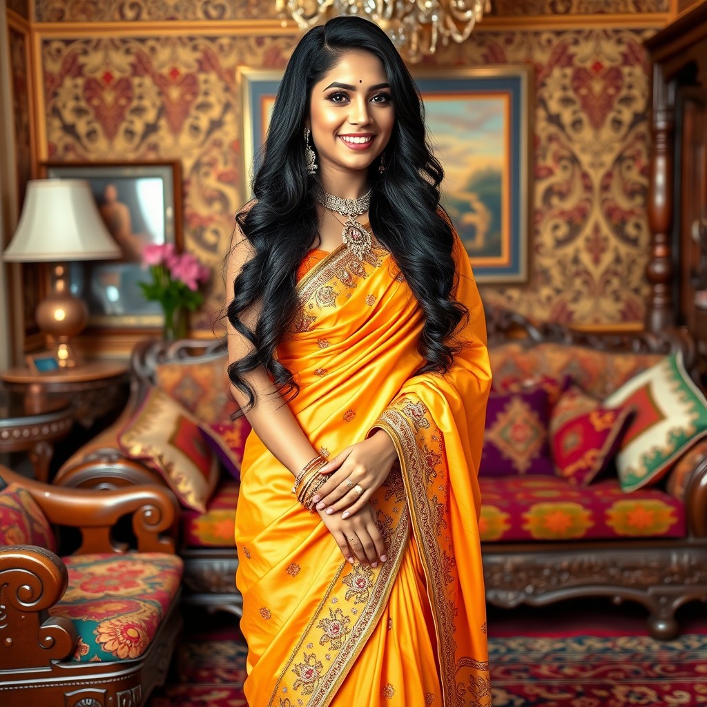 A stylish and glamorous young woman dressed in traditional Indian attire, known as a 'bahbhi'