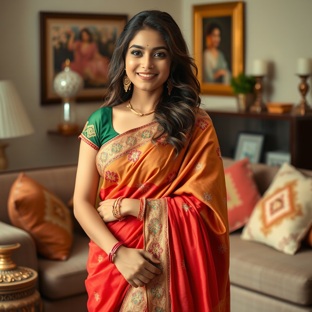 A fashionable young woman, embodying the essence of a 'bahbhi', dressed in a beautifully draped saree that features intricate embroidery and vibrant colors
