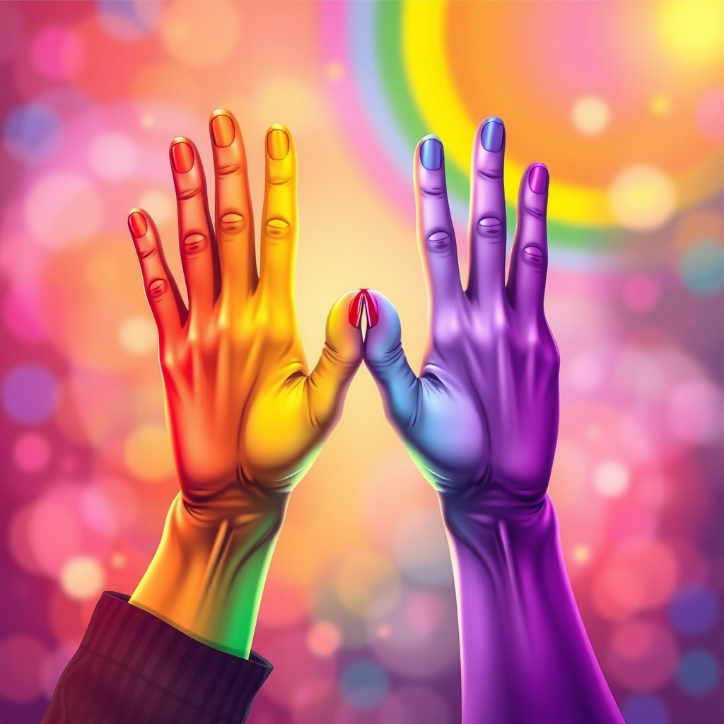 A striking illustration of a deaf love sign, elegantly rendered with vibrant pride colors in a beautiful blend of the rainbow spectrum