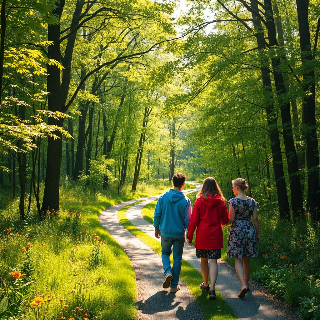A winding path through a lush, green forest, dappled sunlight streaming through the leaves above, creating a serene and inviting atmosphere