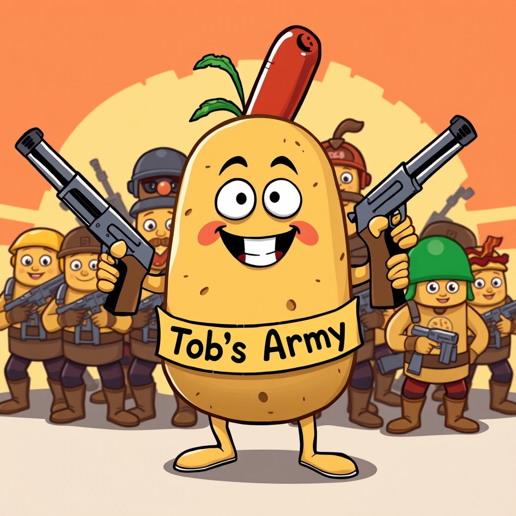 A whimsical and humorous scene featuring a potato character with arms, joyfully holding a shotgun in both hands