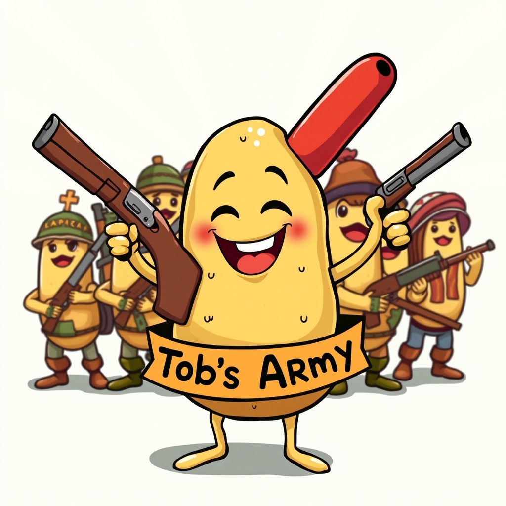A whimsical and humorous scene featuring a potato character with arms, joyfully holding a shotgun in both hands