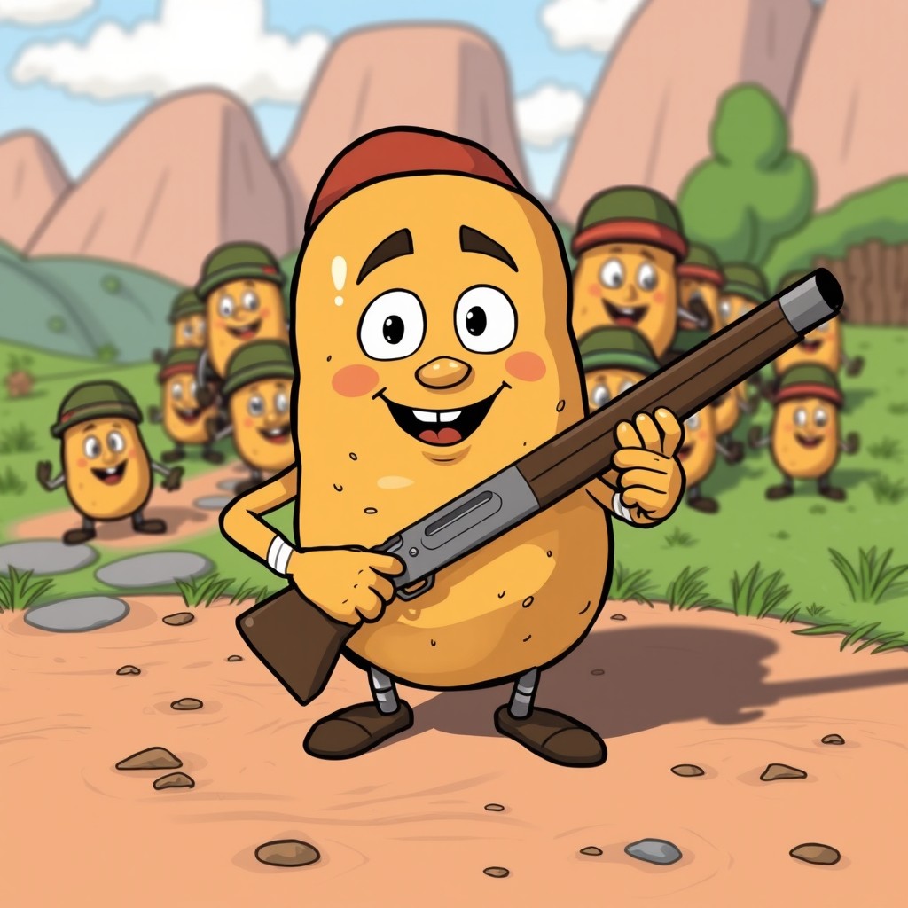 A cartoonish scene featuring a large potato character named 'Tobbs Army' on the ground, with cartoon-style arms and holding a shotgun confidently