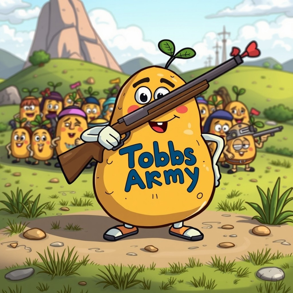A cartoonish scene featuring a large potato character named 'Tobbs Army' on the ground, adorned with the name 'Tobbs Army' written on his potato body