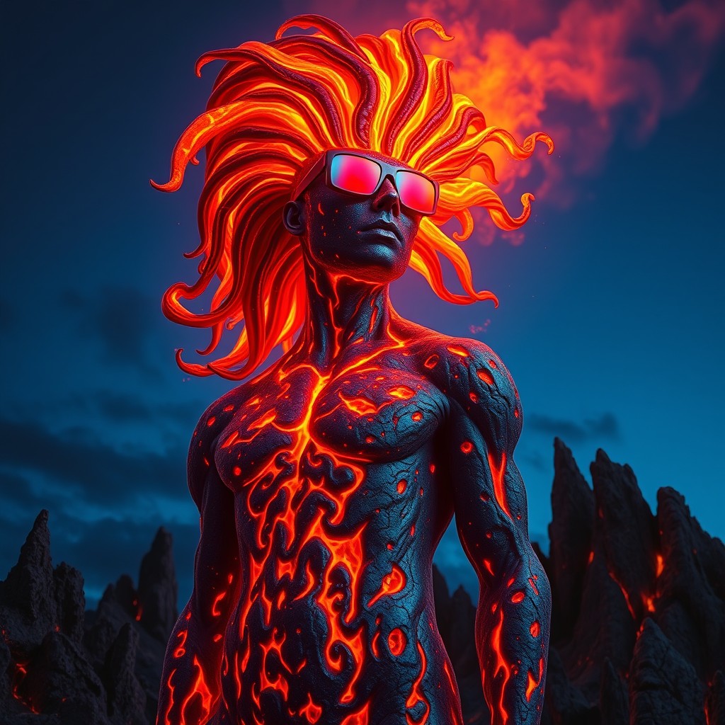 A towering lava man with molten rock skin, glowing bright orange and red, casting radiant light in the dark sky