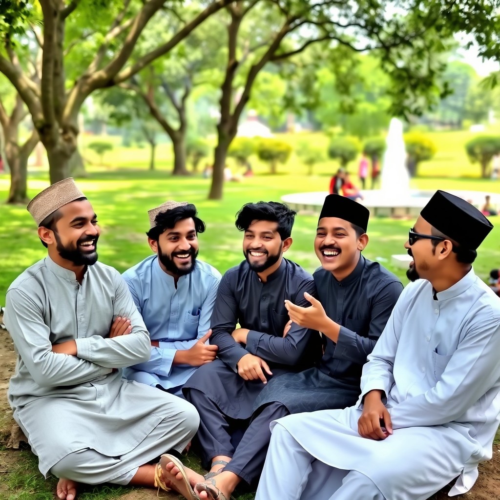 A group of Muslim boys engaged in a lively discussion, seated in a park under the shade of trees, wearing traditional attire such as kurtas and caps, showing expressions of enthusiasm and camaraderie