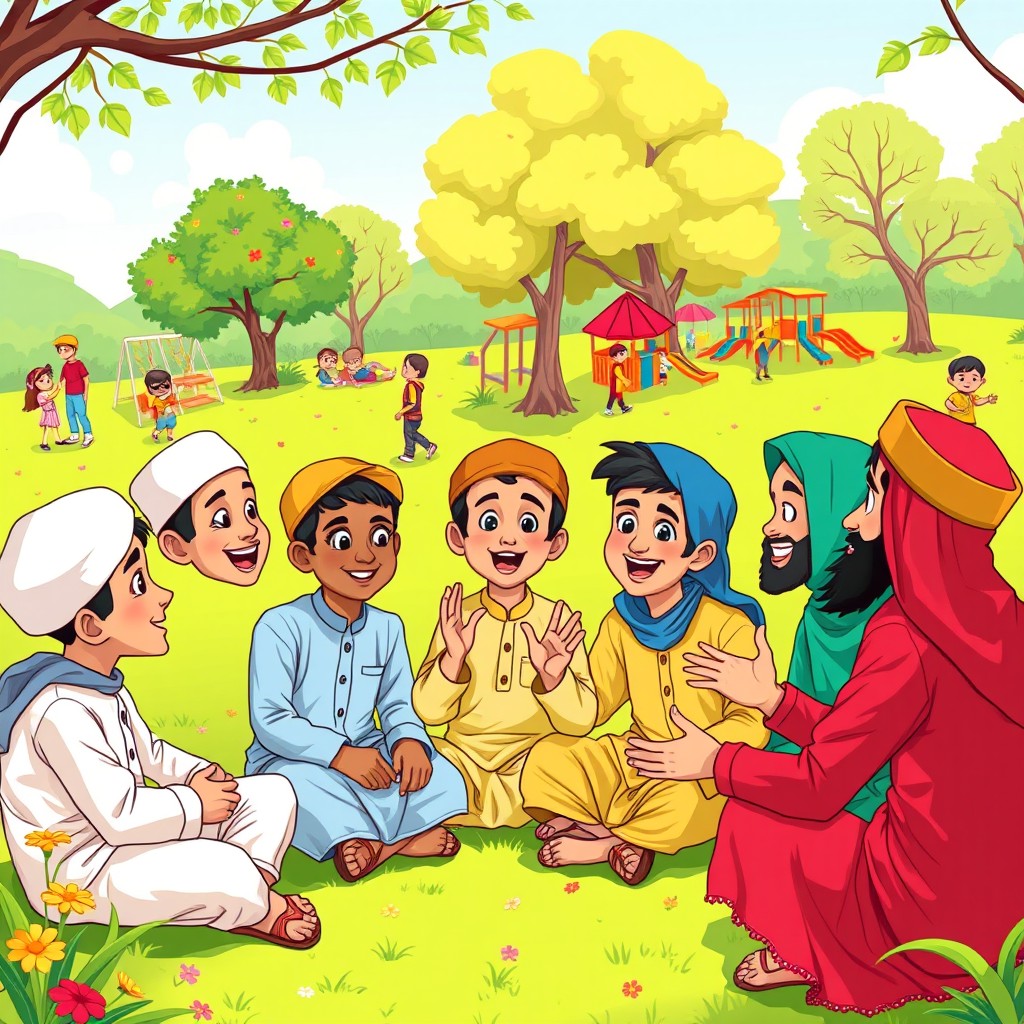 An illustration of a diverse group of Muslim boys engaged in a lively discussion, depicted in a whimsical, cartoonish style