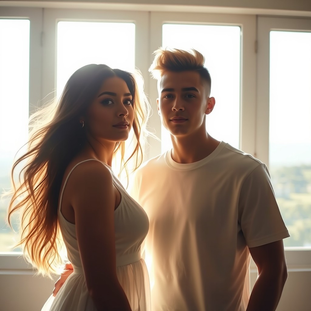 A young woman and a man standing in front of a bright window, the sunlight pouring in and casting soft shadows around them