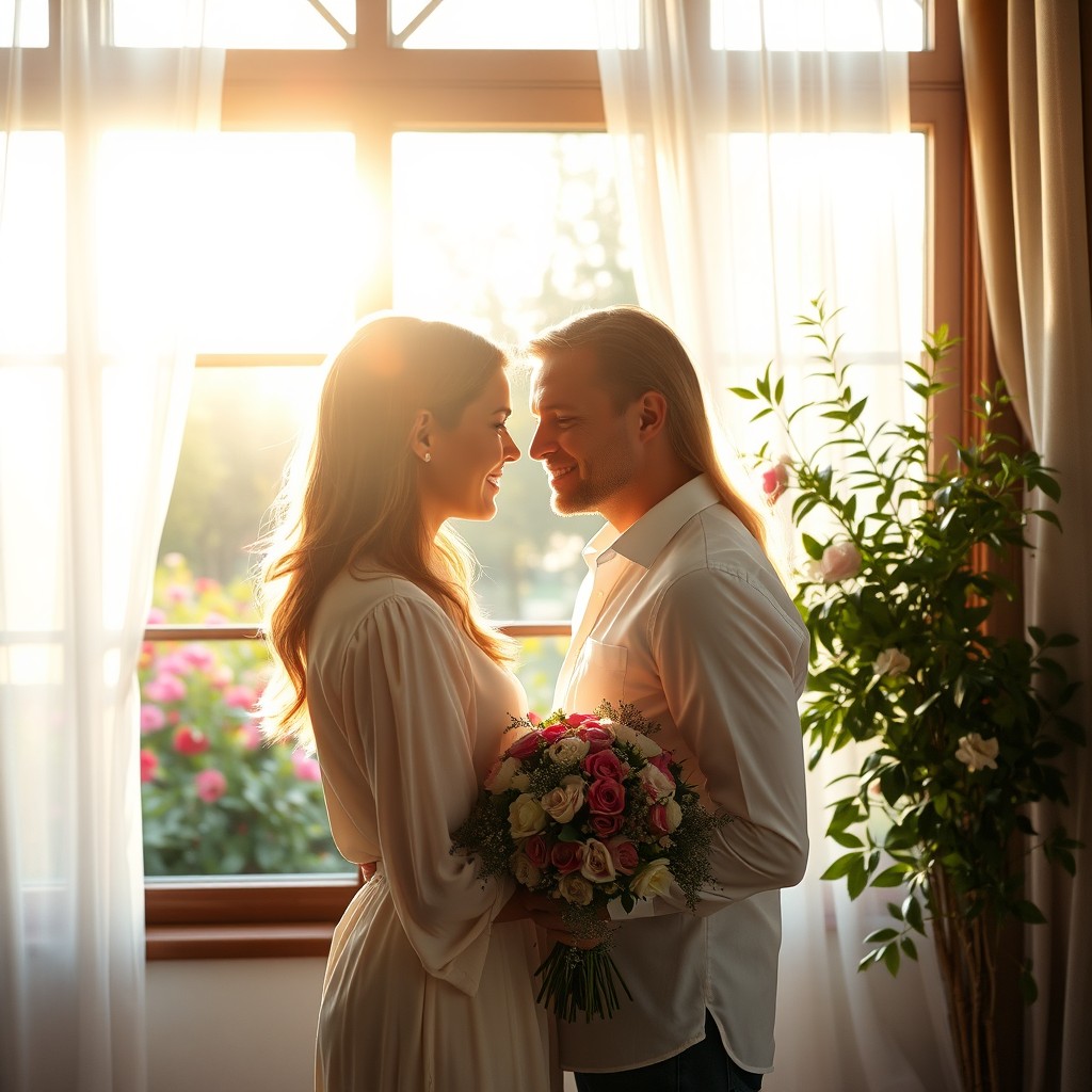 A romantic scene portraying a couple in love, embracing gently in front of a large sunlit window