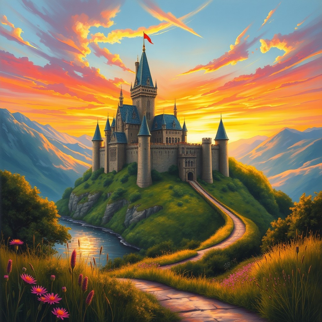 A majestic medieval castle towering on a hill, surrounded by lush greenery and a sparkling river