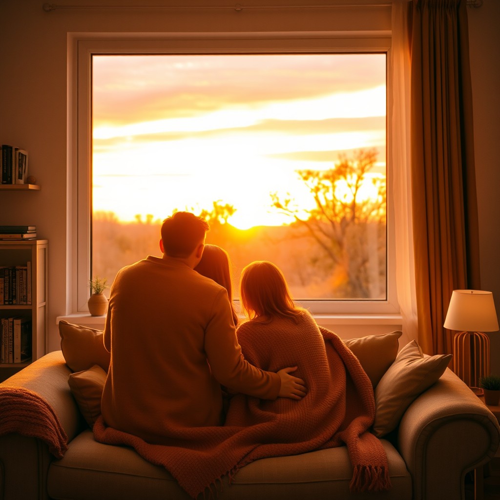 A cozy scene of two people in love, gazing out a large window at a beautiful sunset