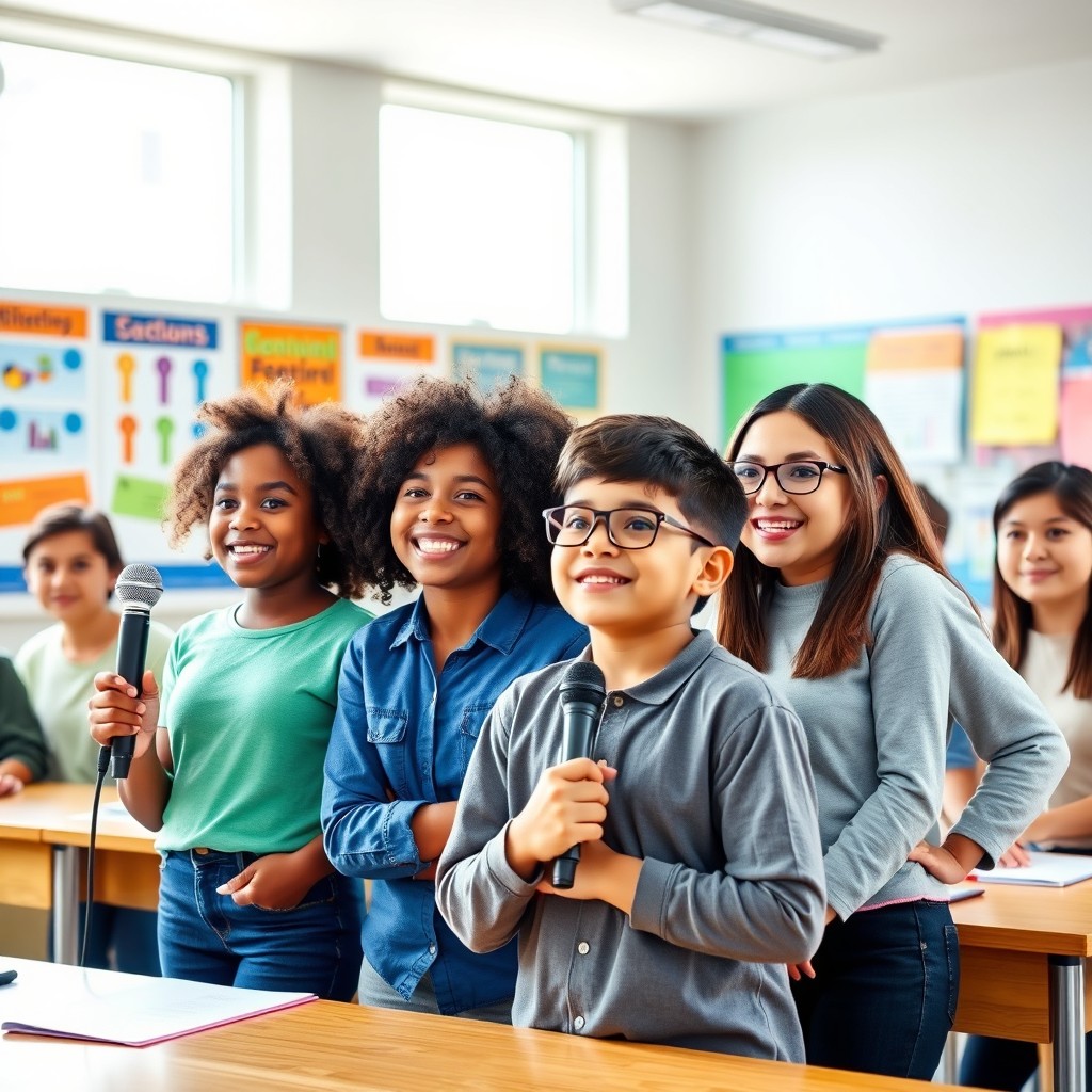A vibrant and engaging quiz scene set in a modern classroom environment