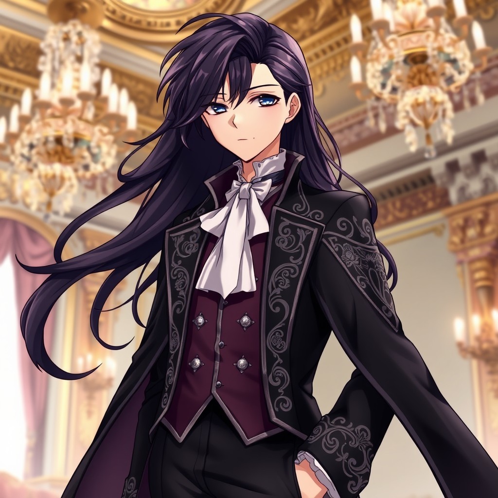 An elegant anime character with long, flowing dark hair styled in soft waves, embodying the essence of 18th-century aristocracy