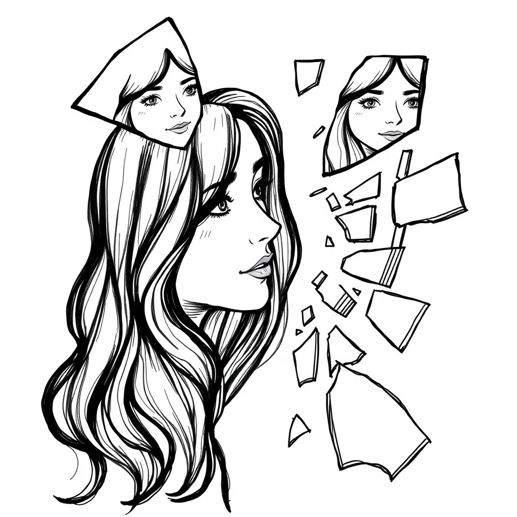 A hand-drawn black and white illustration featuring broken shards of a mirror scattered at various heights and angles