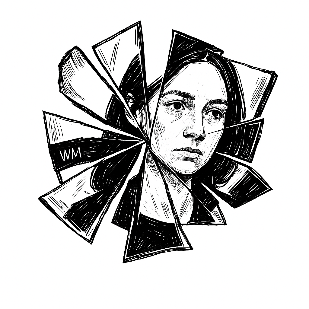A hand-drawn black and white illustration featuring broken shards of a mirror scattered at various heights and angles