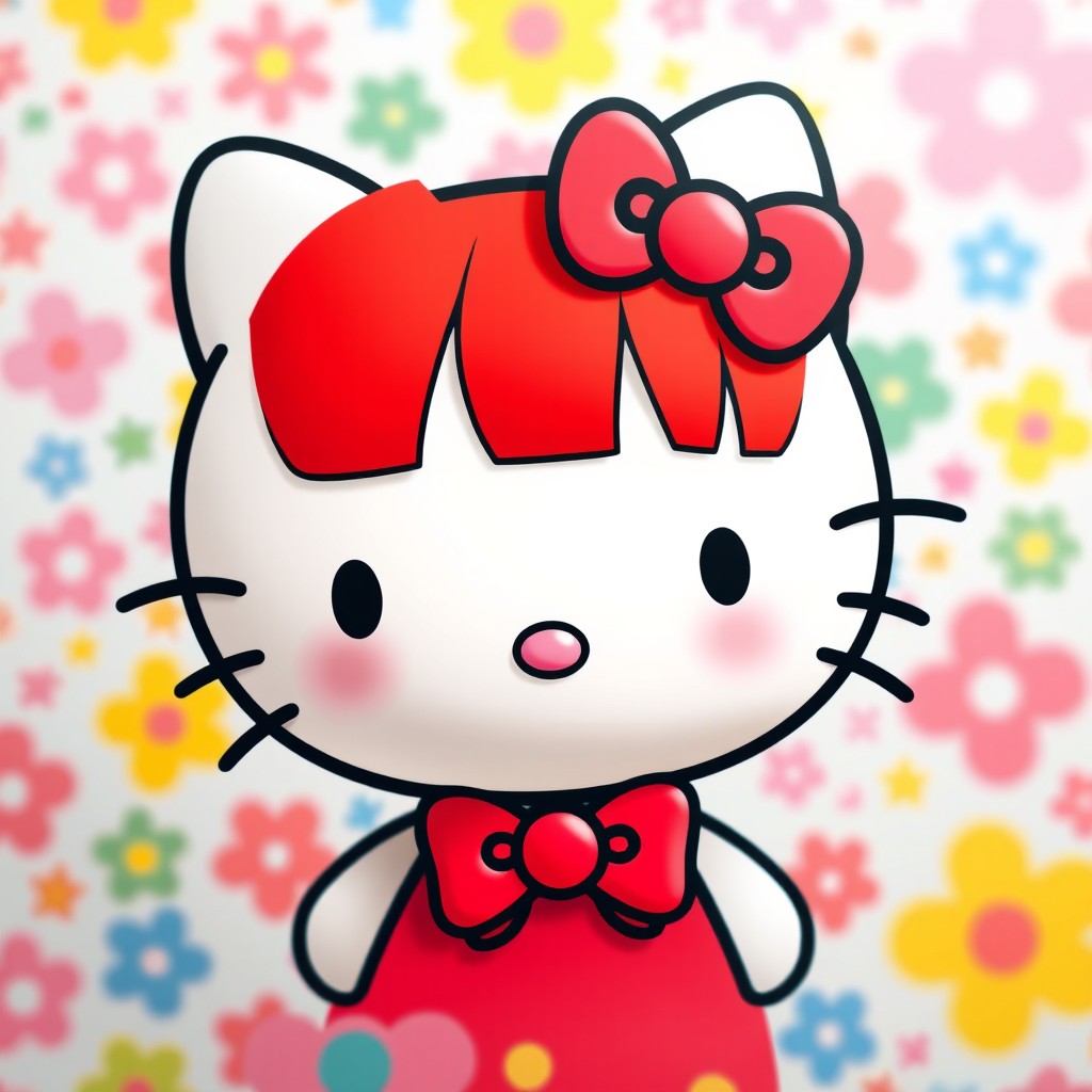 Hello Kitty with red hair and bangs, featuring her iconic bow, set against a colorful and cheerful background filled with playful patterns and pastel colors