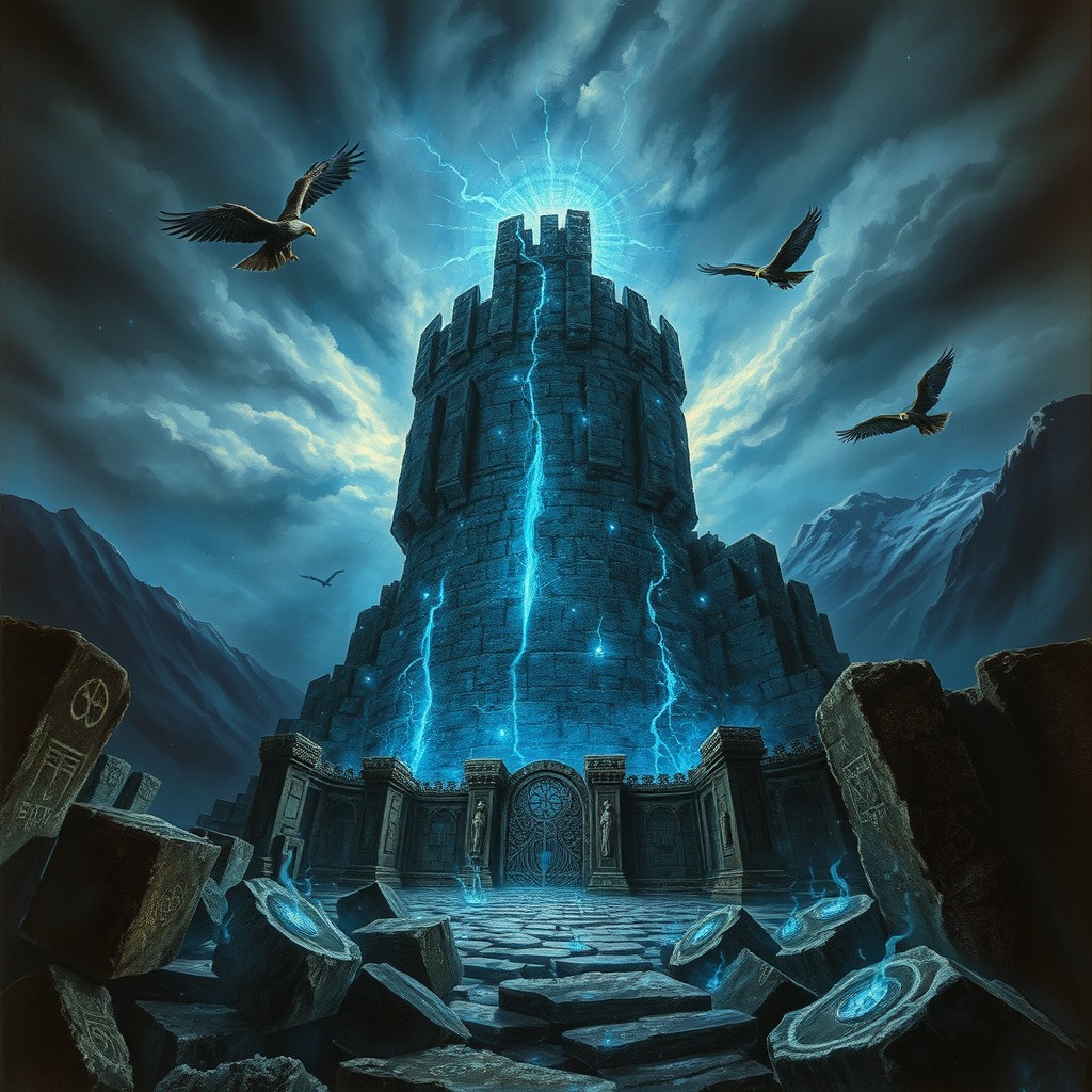 A dark-fantasy book cover featuring a gigantic ruined tower at the center, covered in deep cracks where bright blue arcane energy glows intensely