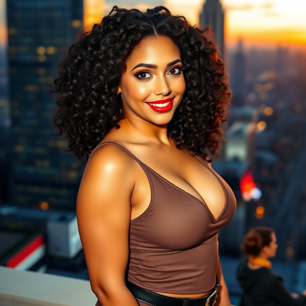 A stunning curvy brunette woman with beautiful curly hair, striking confident poses