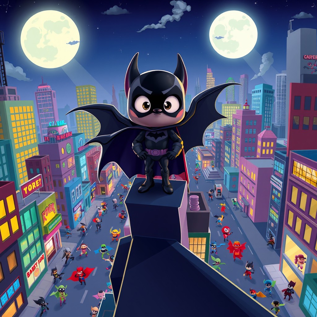 A vibrant animated city filled with colorful superheroes, showcasing a dark knight disguised as a bat, perched high on a rooftop