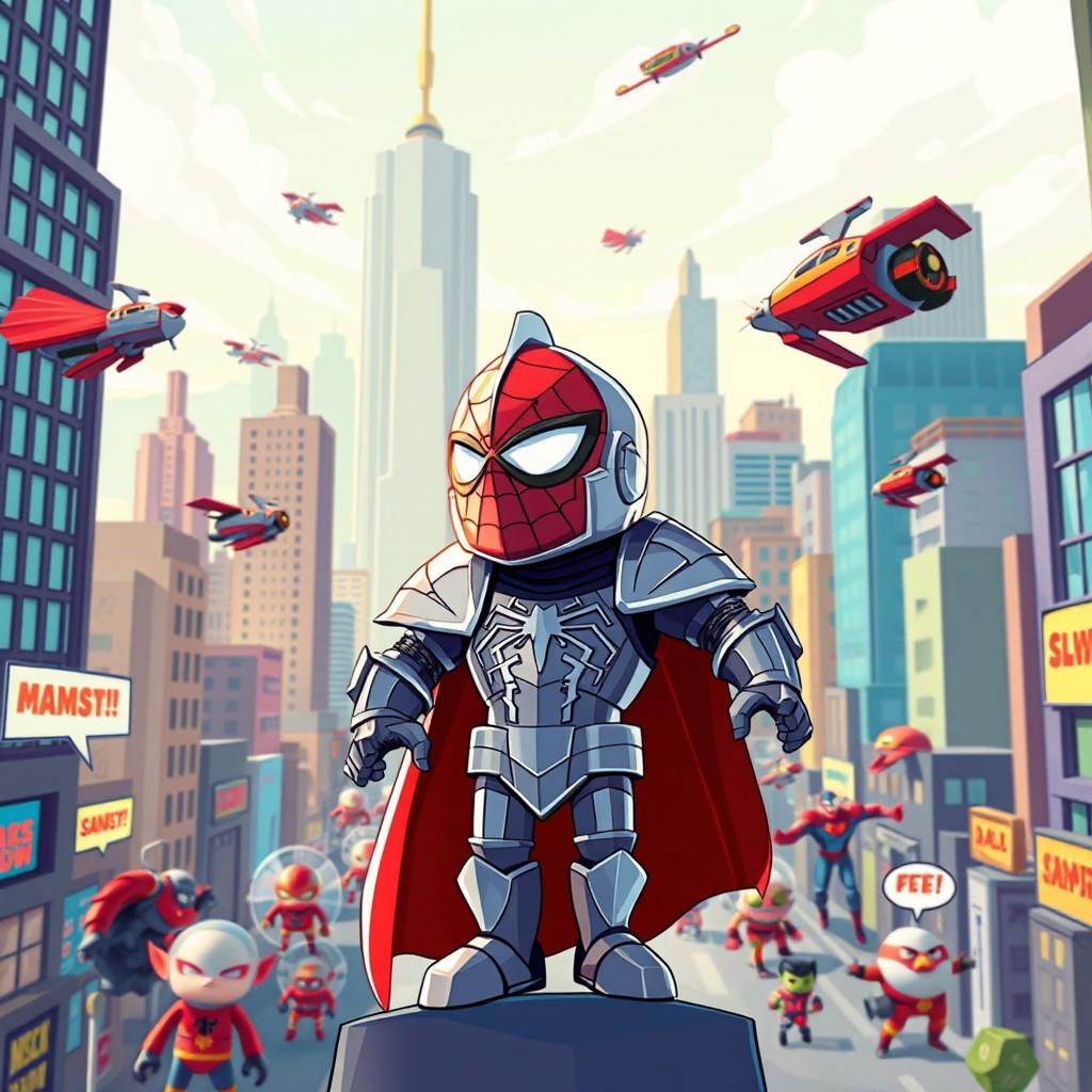 A vibrant and colorful cartoon city bustling with superheroes, featuring a knight in a Spider-Man costume