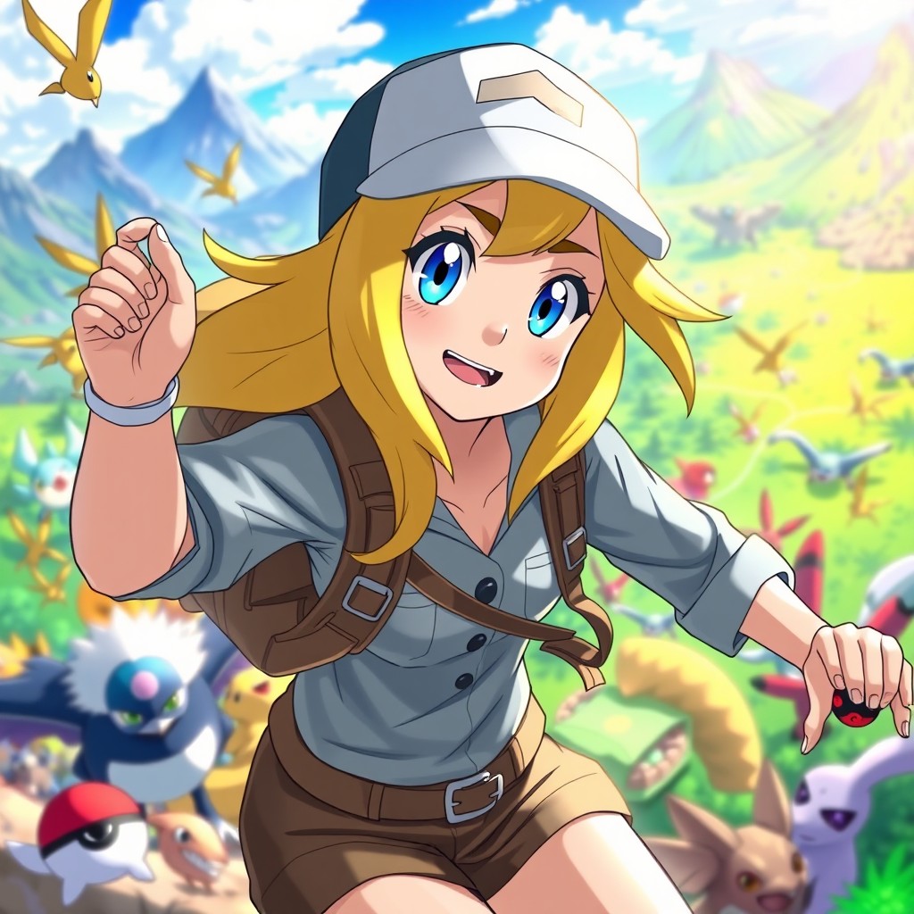 A dynamic and adventurous scene featuring a female Pokemon trainer with striking blonde hair and vibrant blue eyes