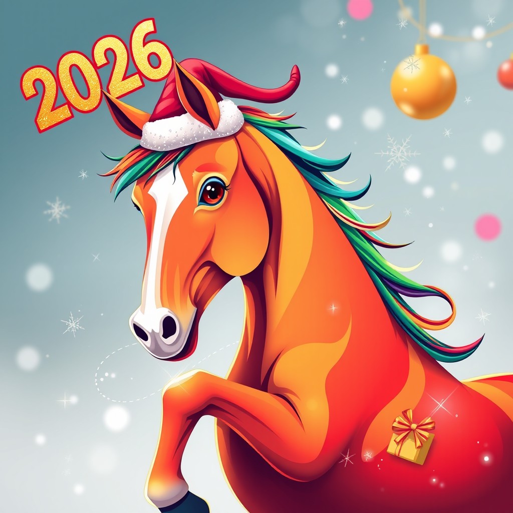 A vibrant horse wearing a festive New Year's hat, symbolizing the year 2026