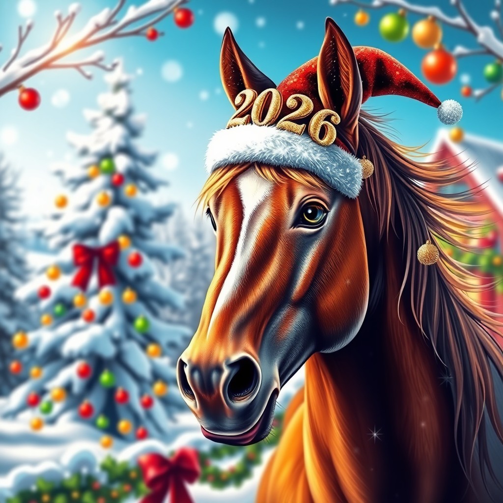 A beautiful horse wearing a festive New Year's hat symbolizing the year 2026, surrounded by a colorful winter landscape
