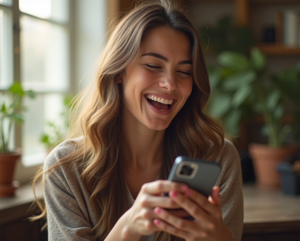 A young woman joyfully singing into her smartphone with a bright expression on her face