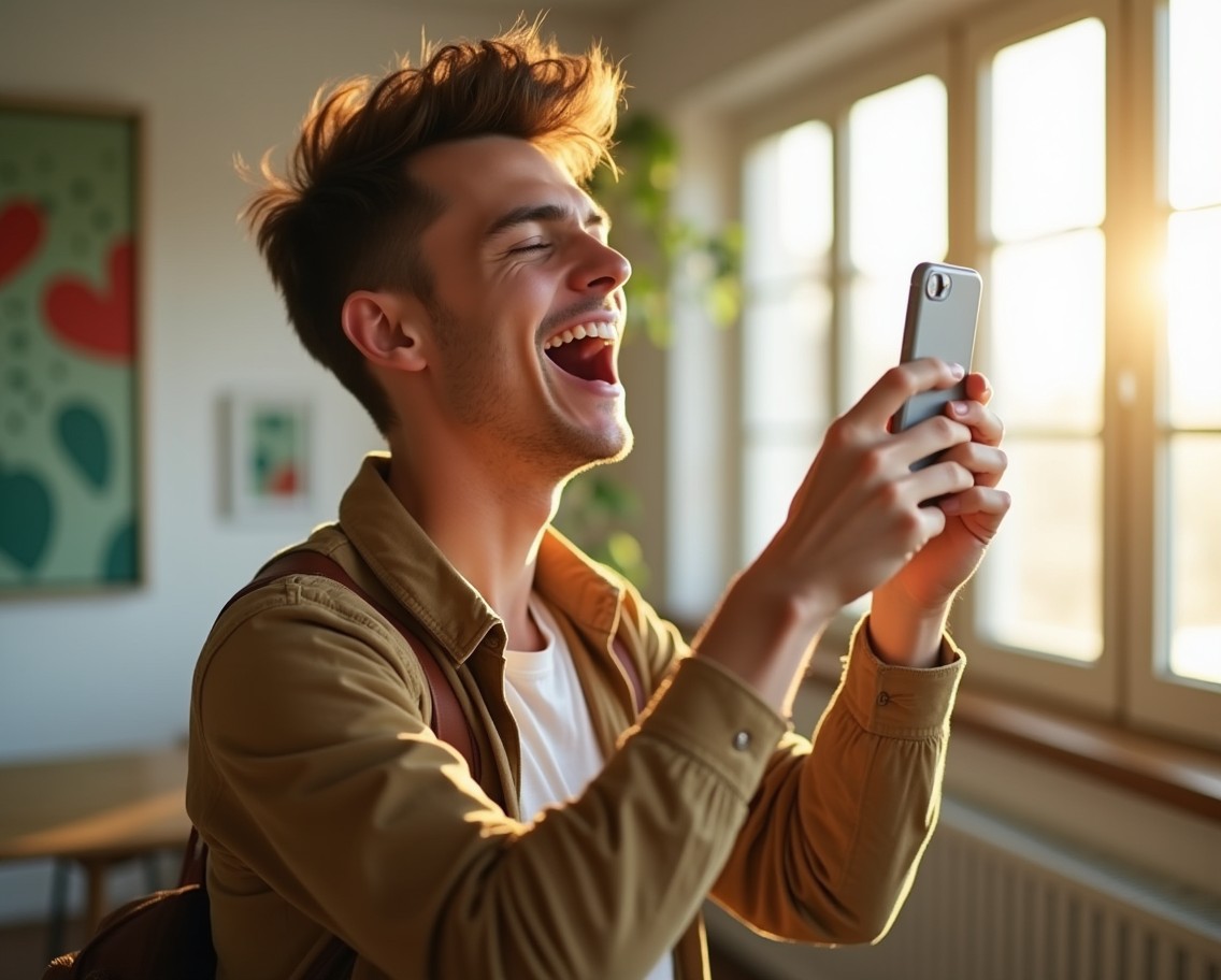 A young man passionately singing into his smartphone, with a vibrant and joyful expression on his face