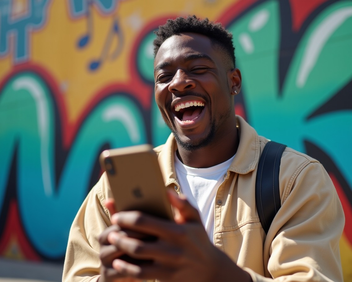 A confident young Black man passionately singing into his smartphone, showcasing a joyful expression