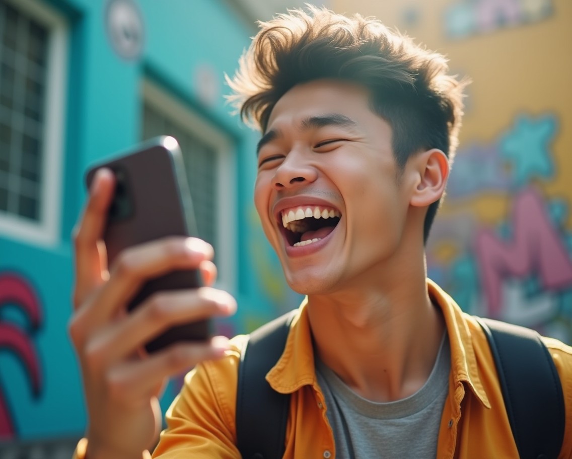A young Asian man singing passionately into his smartphone, showcasing a bright and enthusiastic smile