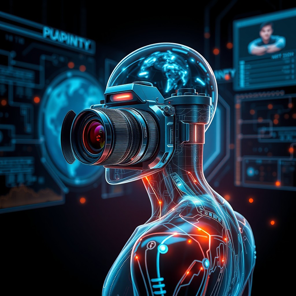 A futuristic camera seamlessly integrated into a human being's silhouette, showcasing advanced technology with sleek metallic finishes and glowing lines