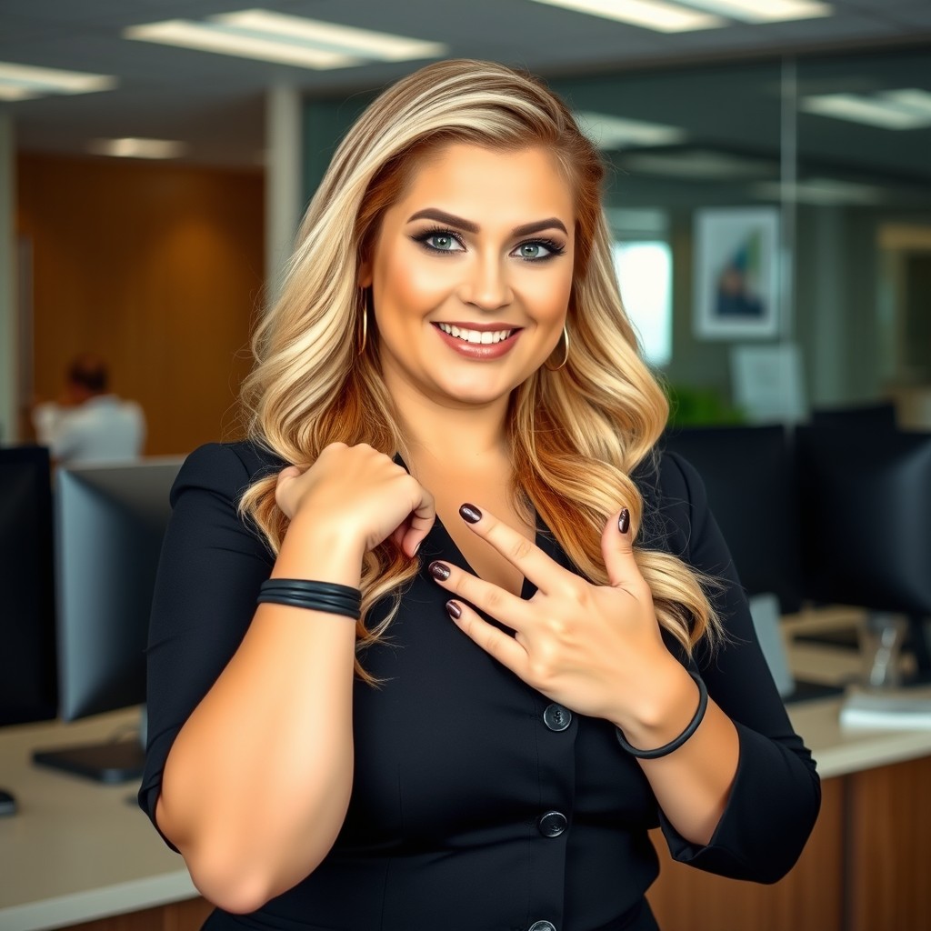 A flirty woman acting as a boss in an office setting, with a slight plumpness, giving her a charming appeal