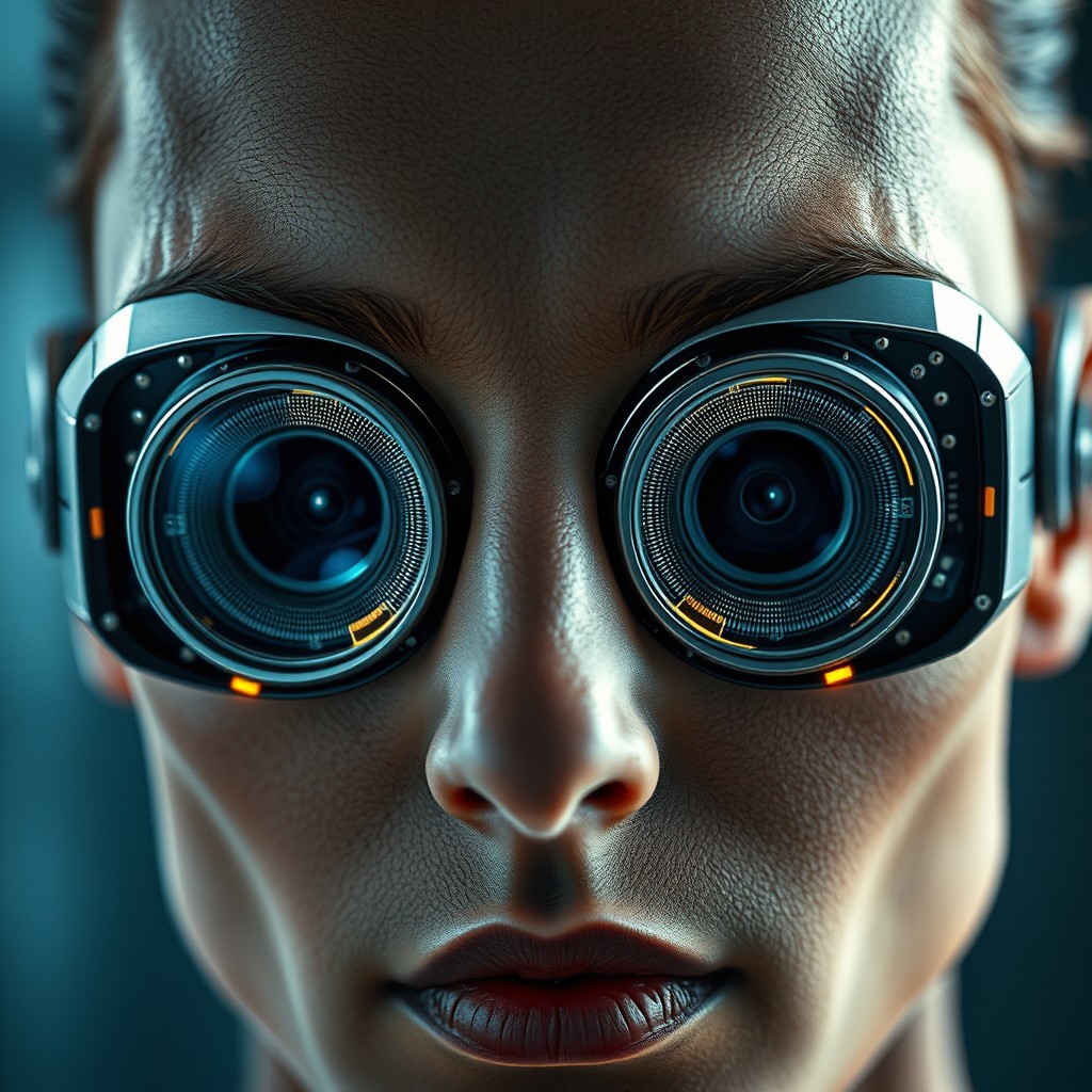 A close-up of a human face transformed into a futuristic photographic camera, featuring intricate details where the skin texture morphs into sleek camera body materials