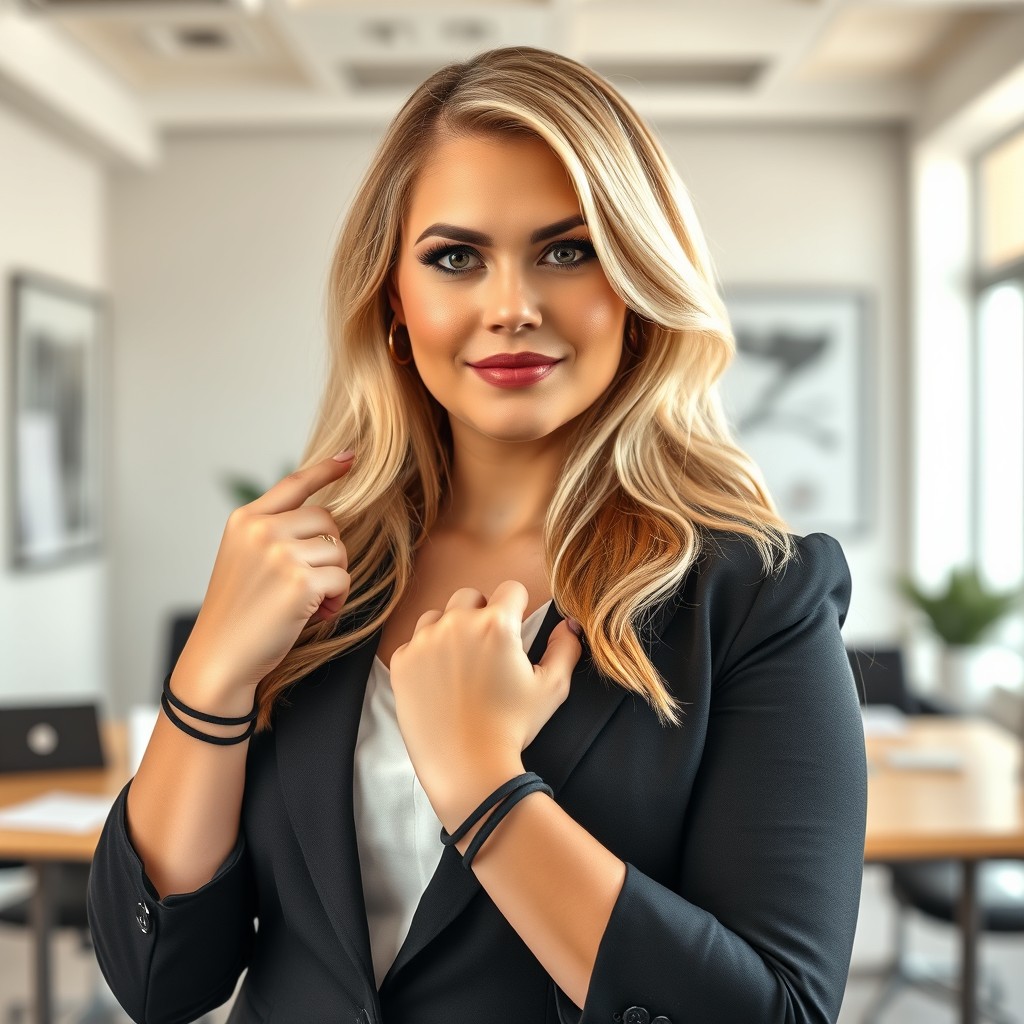 A full-body portrait of a flirty yet strict woman acting as a boss in an office environment, embodying authority with a touch of charm