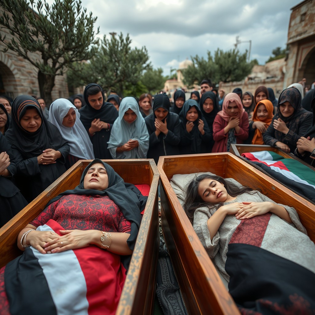 A poignant funeral scene in the Gaza Strip, showcasing a mother and daughter lying peacefully in their caskets, surrounded by mourners in sorrowful expressions