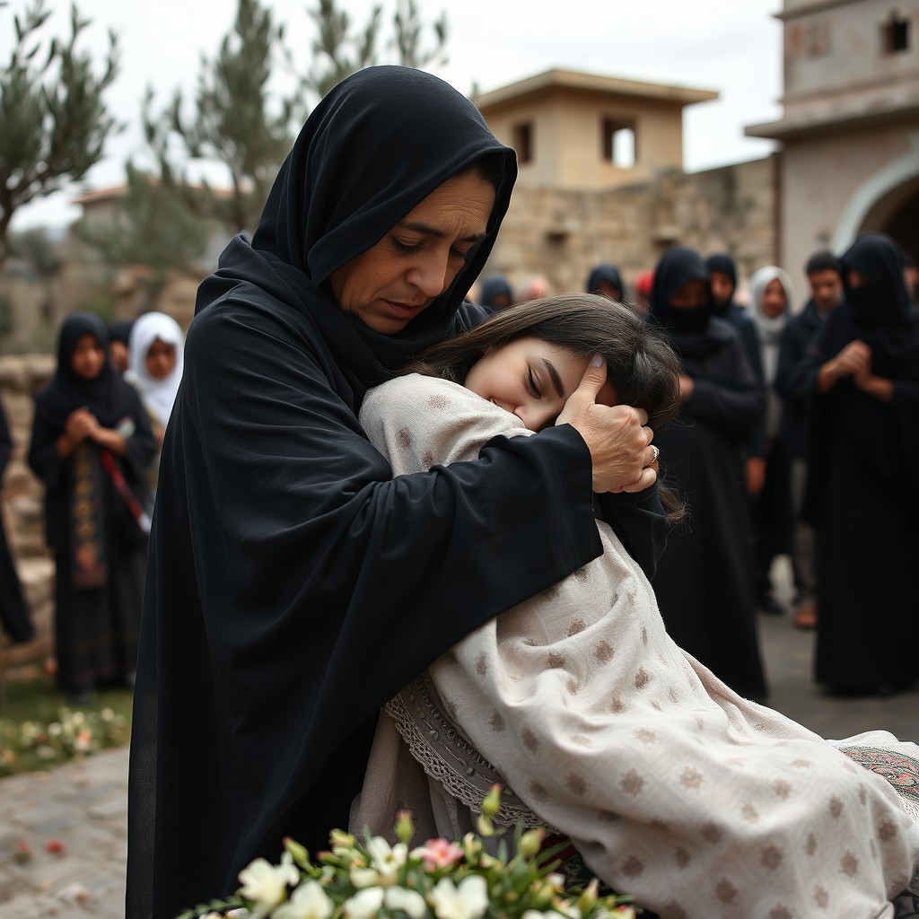 A deeply emotional scene depicting a mother embracing her deceased daughter in a serene moment before a funeral in the Gaza Strip