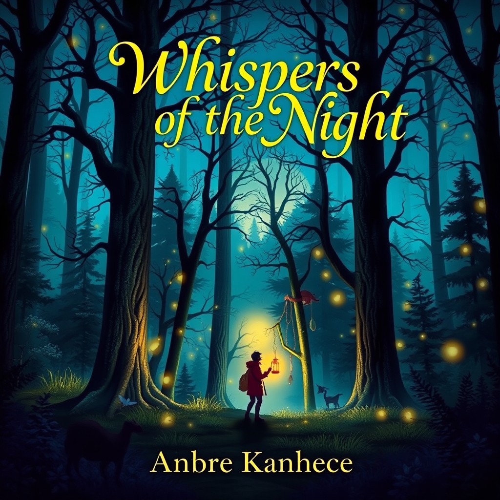 A captivating book cover featuring a mystical forest scene at twilight, illuminated by glowing fireflies