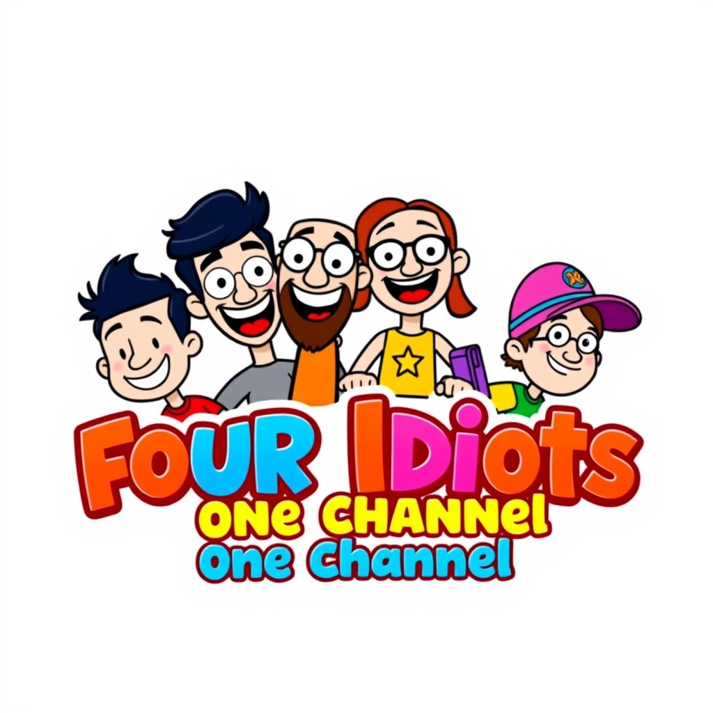 A vibrant and playful logo design for a YouTube channel named 'Four Idiots One Channel'