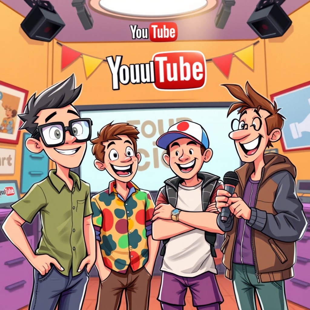 A vibrant and humorous digital illustration featuring four fun-loving friends known as the "Four Idiots" in a lively studio setting