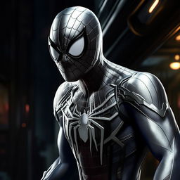 An 8K resolution, 1080HP image of Spider-Man, reimagined in hues of silver, white, and carbon black. This interpretation bestows a futuristic and high-end twist on the classic Marvel superhero.